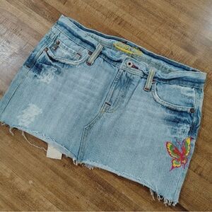 Miss Me Light Blue Denim Mini Skirt with Butterfly Embroidery
